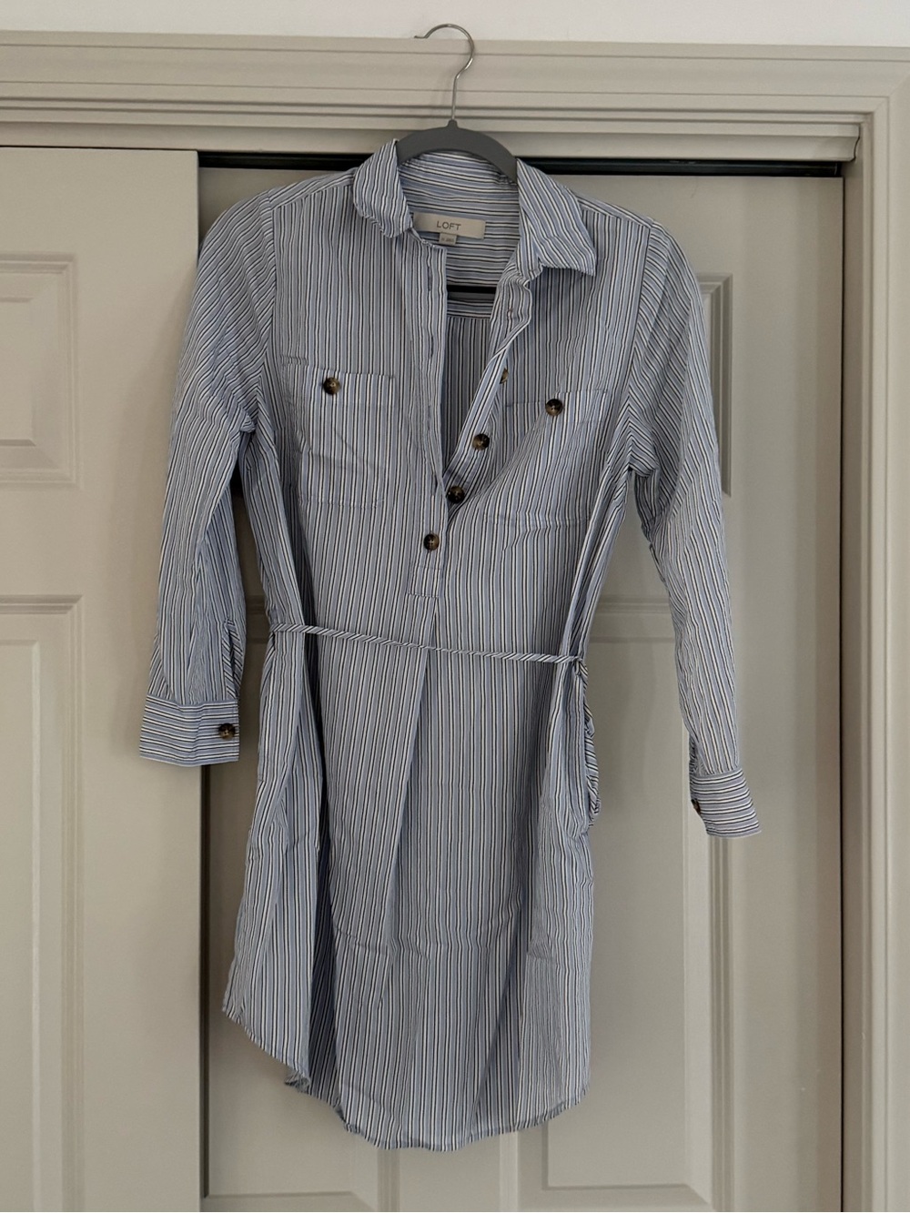 LOFT Blue and White Striped Long Sleeve Shirt Dress